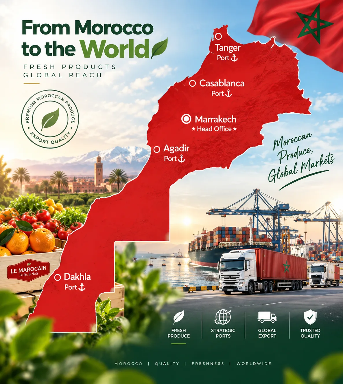 From Morocco to the World &mdash; map of our export ports at Tanger, Casablanca, Agadir and Dakhla, with our Marrakech head office